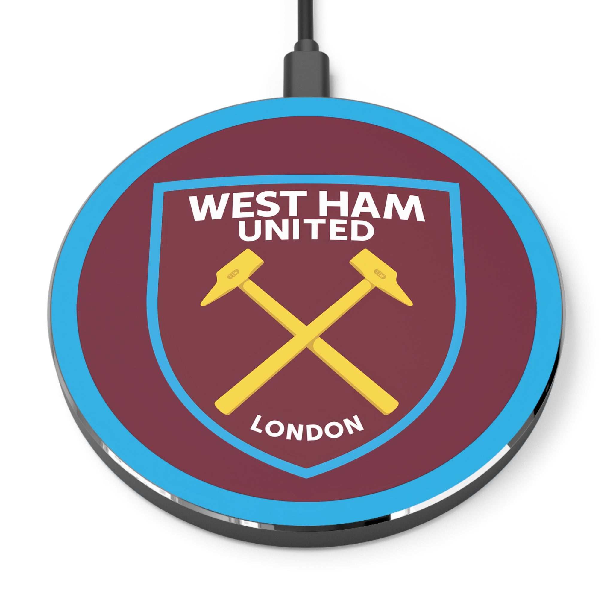 West Ham Utd Fc wireless charger in claret and blue with crossed hammers crest, 10W fast charging, aluminium casing, compatible with all Qi-enabled phones