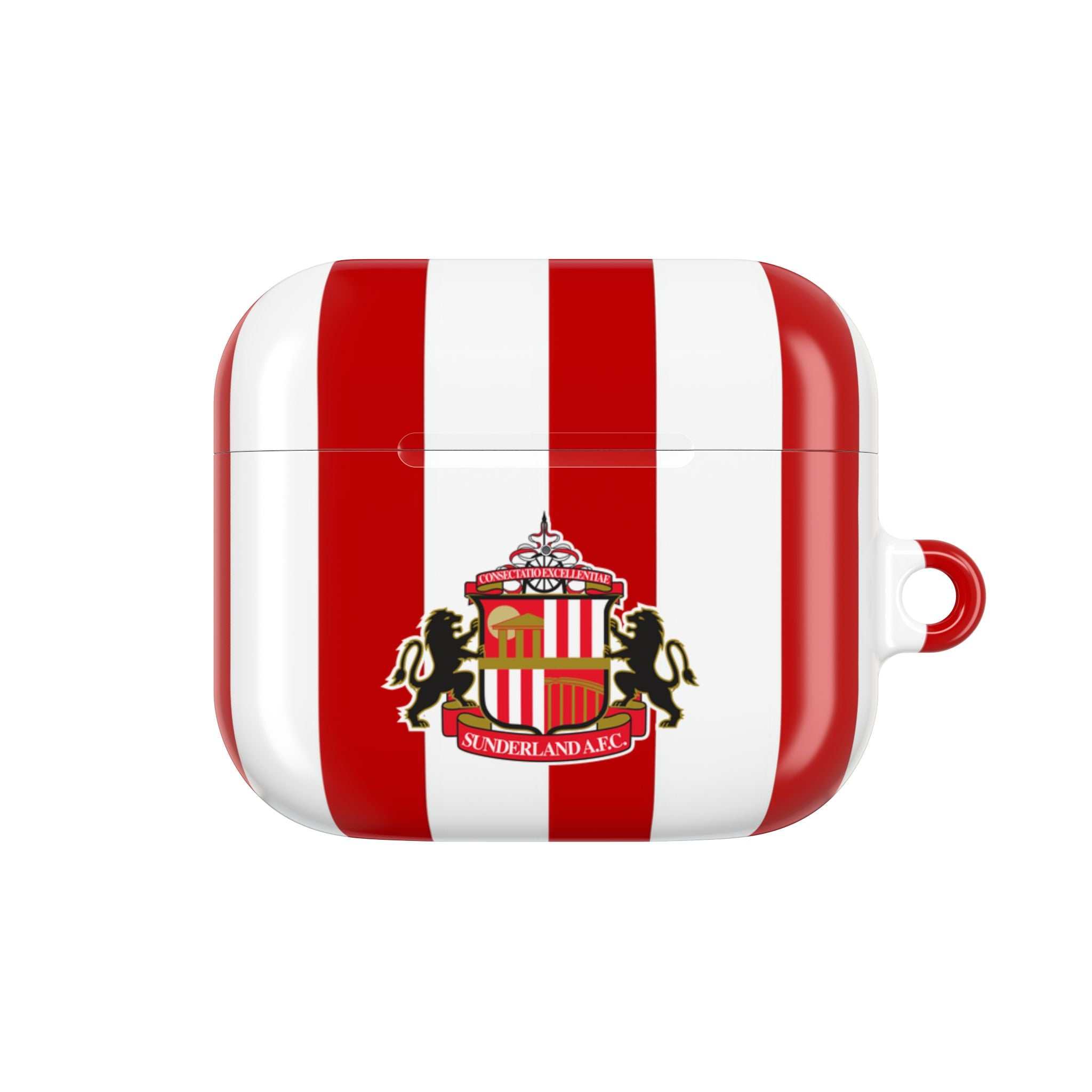 Sunderland FC AirPods protective case with red and white stripes and club crest, durable and wireless charging compatible