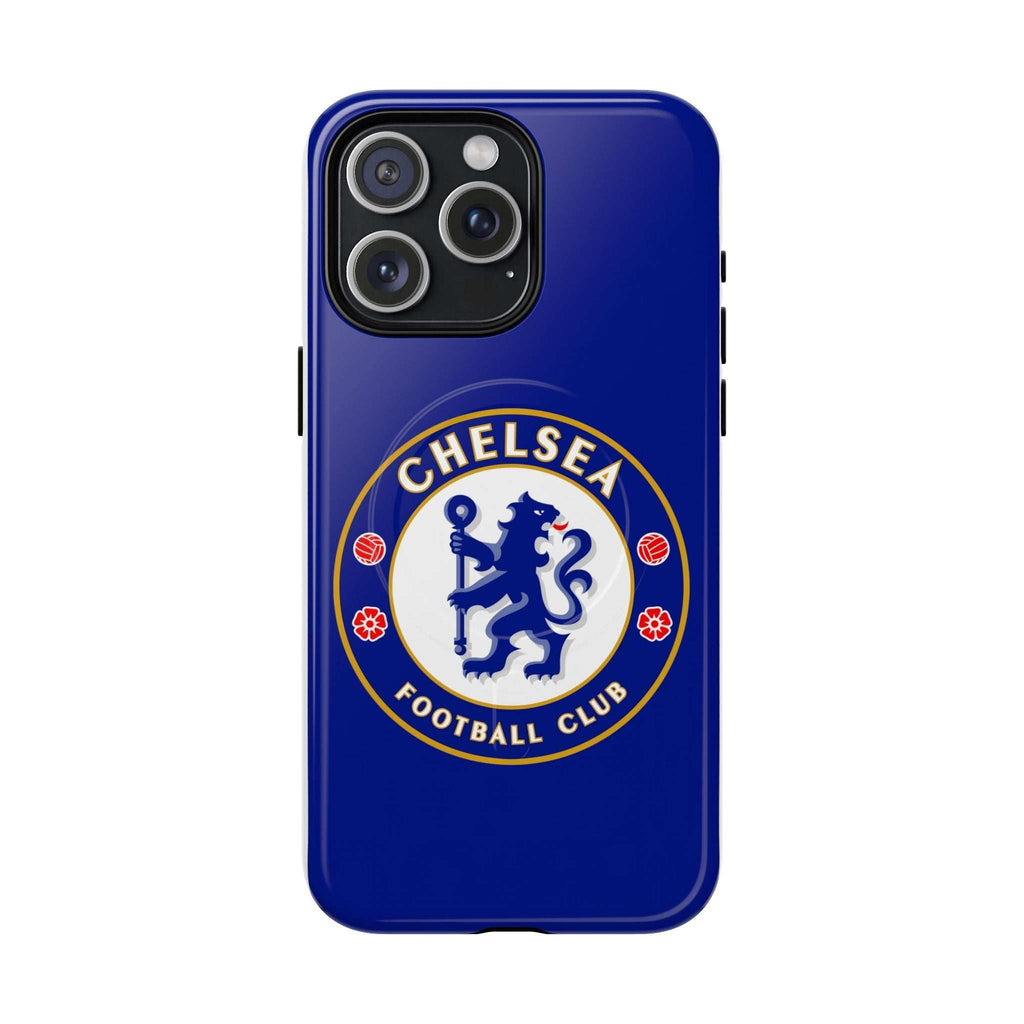 Chelsea FC MagSafe iPhone case in royal blue with club crest, dual-layer protection, and MagSafe compatibility