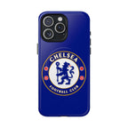 Chelsea FC MagSafe iPhone case in royal blue with club crest, dual-layer protection, and MagSafe compatibility