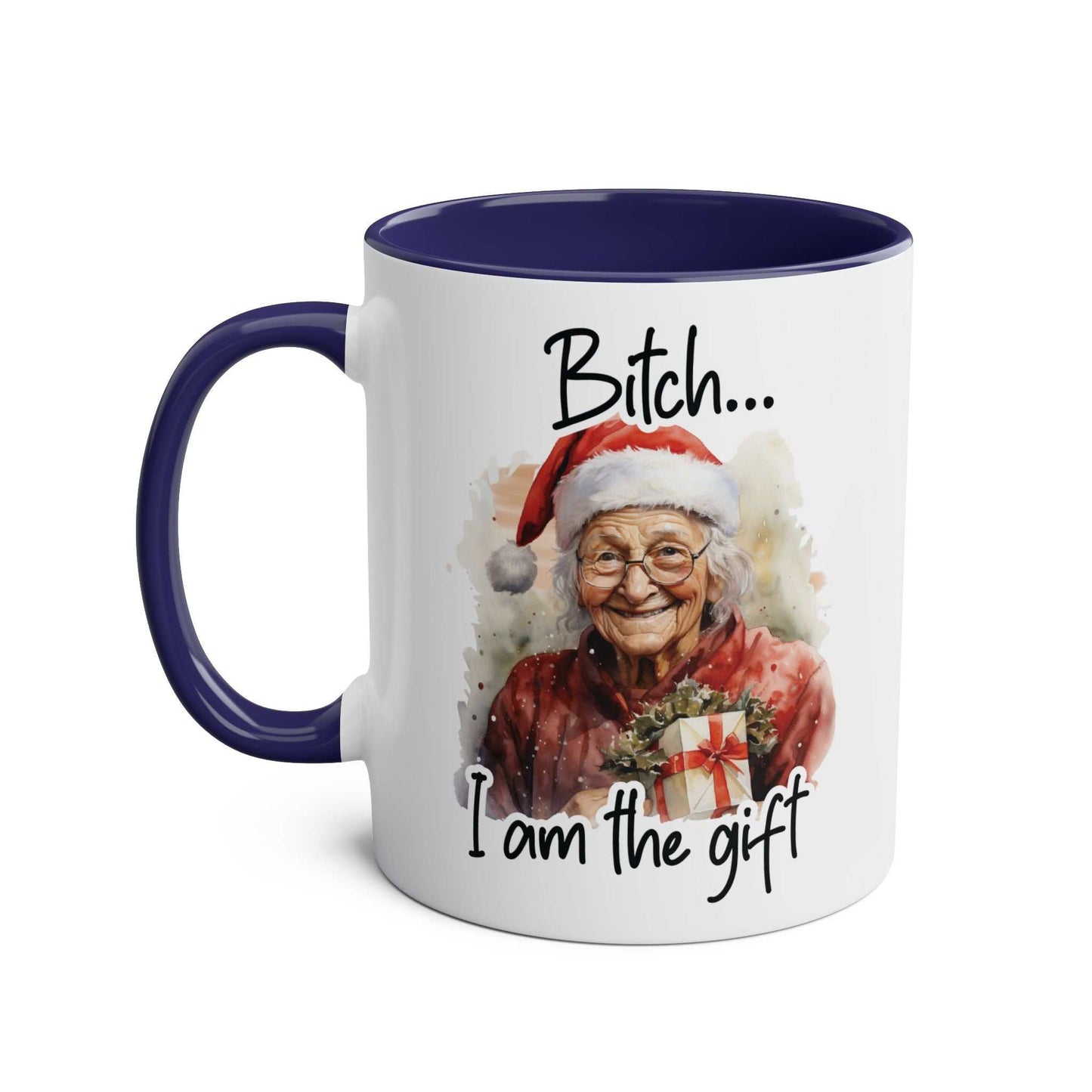 Sweary Granny Christmas Mug with festive cheeky design, 11oz ceramic, glossy finish.