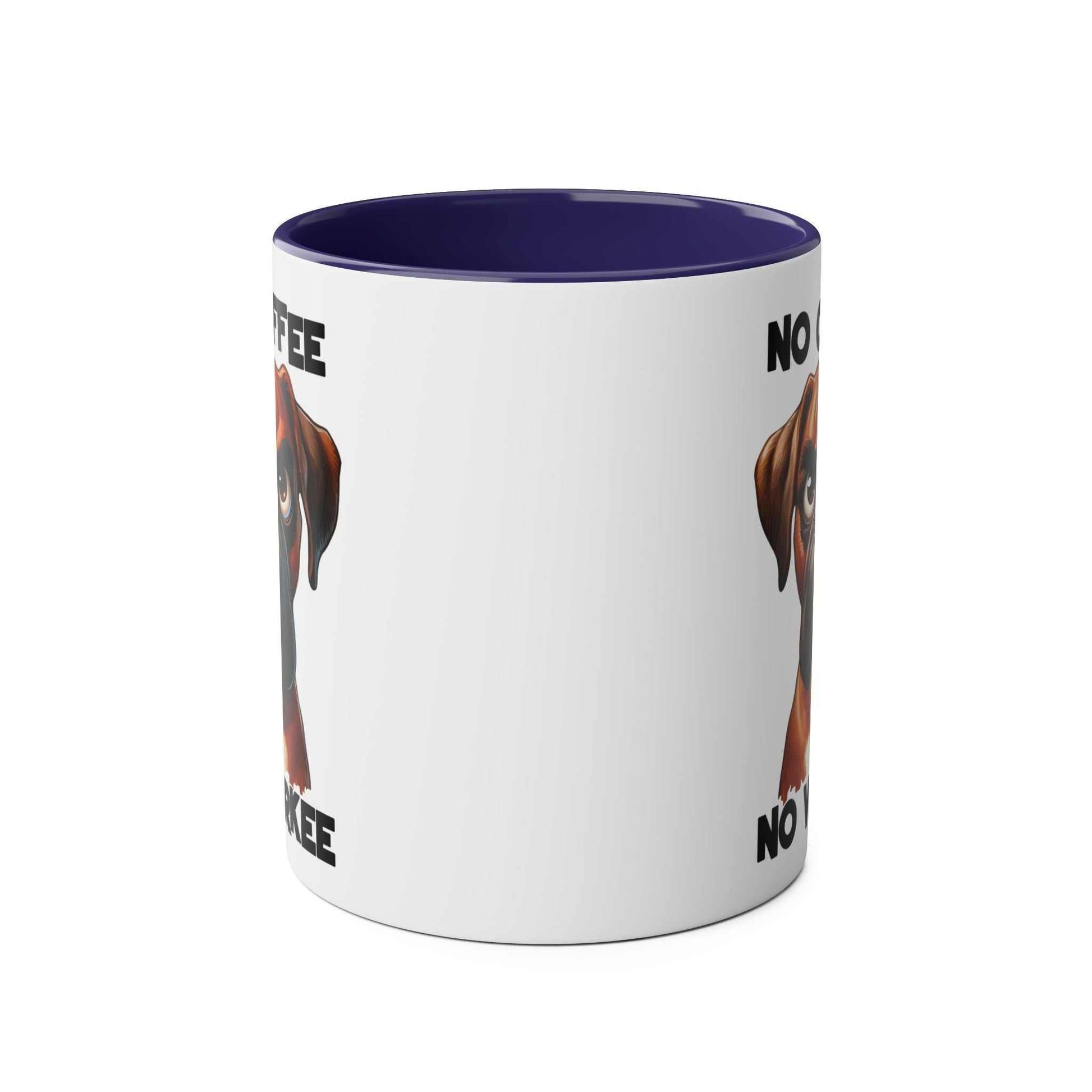 No Coffee No Workee Mug with sarky dog design and blue interior.