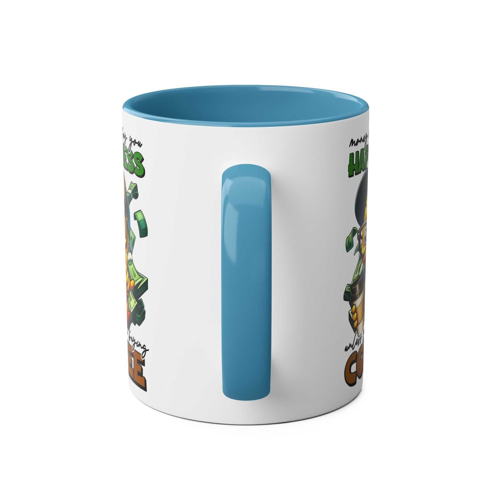 Happiness Coffee Mug with cheerful duck illustration, blue handle, and glossy finish.