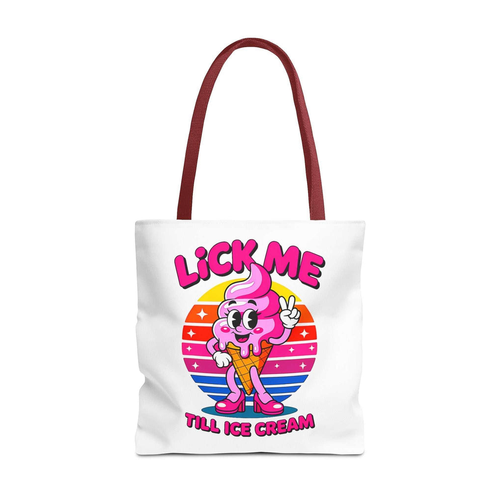 Lick Me Till Ice Cream Tote Bag with cheeky design, durable spun polyester, multiple sizes and handle colors, perfect for casual outings and shopping.