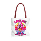 Lick Me Till Ice Cream Tote Bag with cheeky design, durable spun polyester, multiple sizes and handle colors, perfect for casual outings and shopping.
