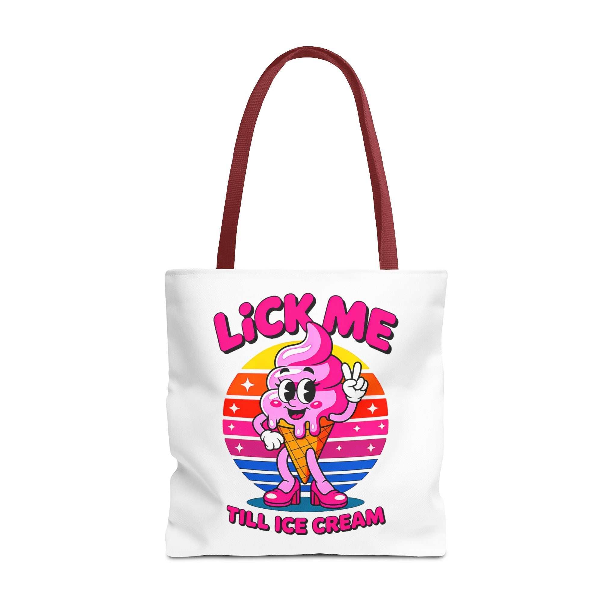 Lick Me Till Ice Cream Tote Bag with cheeky design, durable spun polyester, multiple sizes and handle colors, perfect for casual outings and shopping.