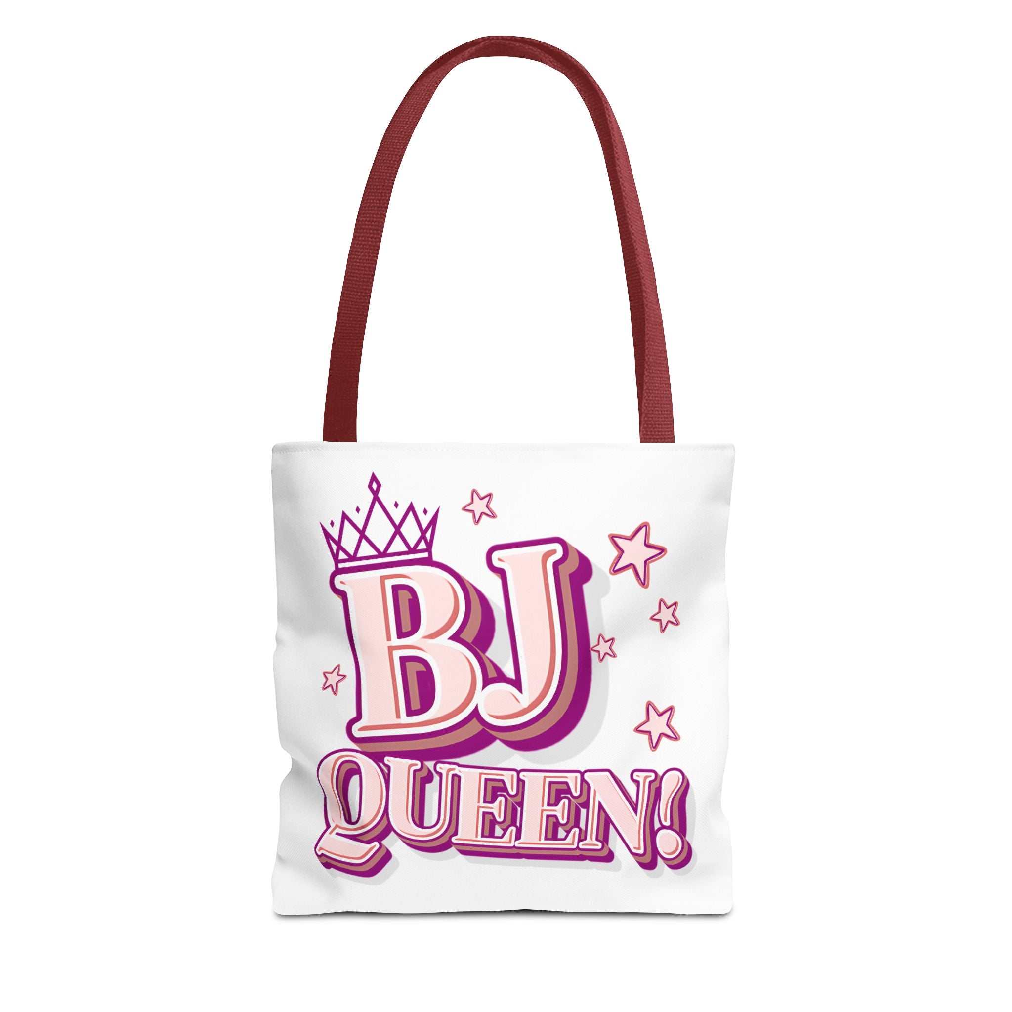 BJ Queen Tote Bag with cheeky design, durable spun polyester, multiple sizes and handle colors, perfect for everyday use