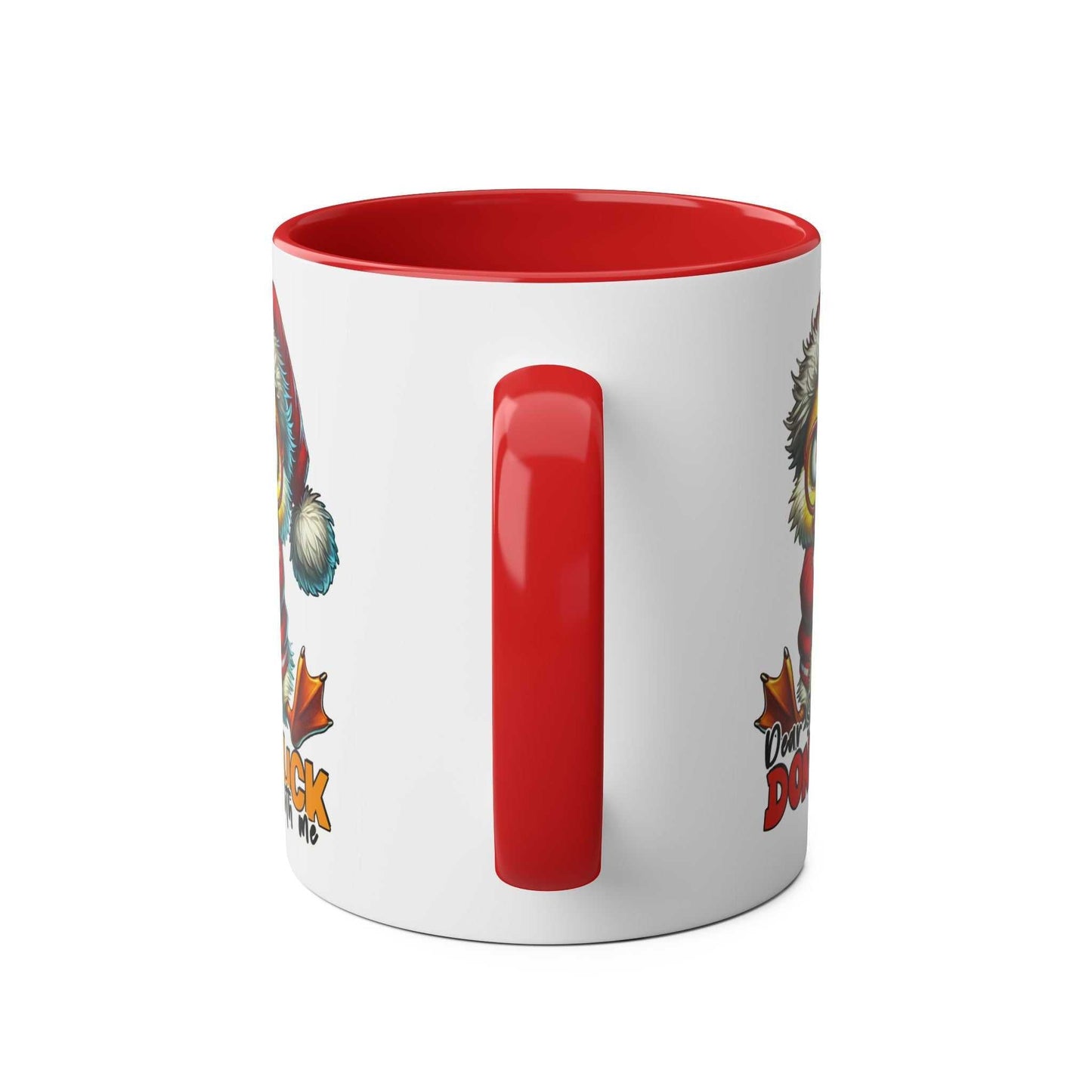 Sarky Christmas Mug with duck design and red handle, in glossy 11oz ceramic.