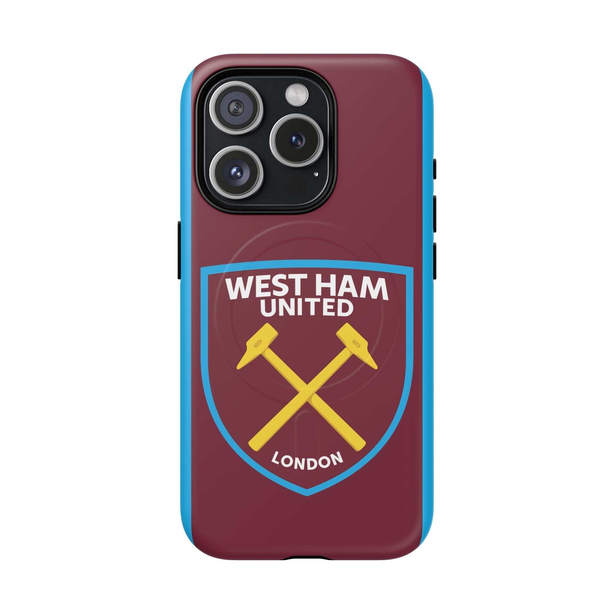 West Ham Utd MagSafe iPhone case in claret and blue with club crest, durable dual-layer protection, and wireless charging compatible