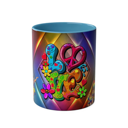 LGBTQ+ Pride Mug with vibrant rainbow design and peace symbols on ceramic finish.