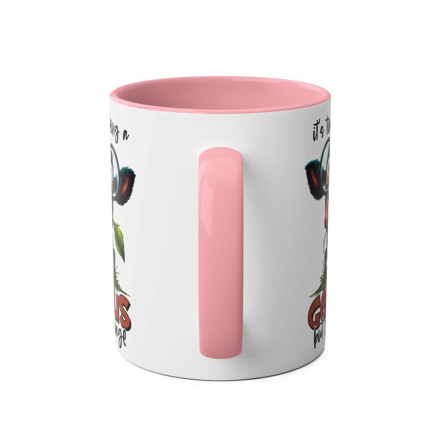 Genius Coffee Mug with animal graphic and pink handle, sublimation print.