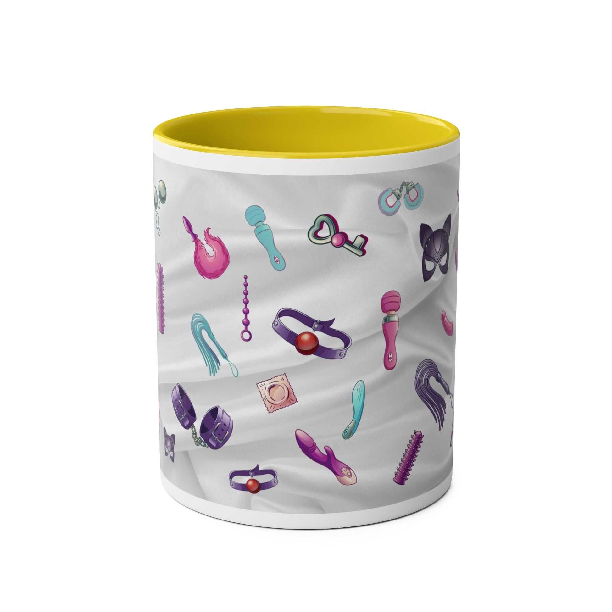 Colorful Fun Sex Toy Coffee Mug with playful design, glossy finish, available in 7 colors, microwave and dishwasher safe.