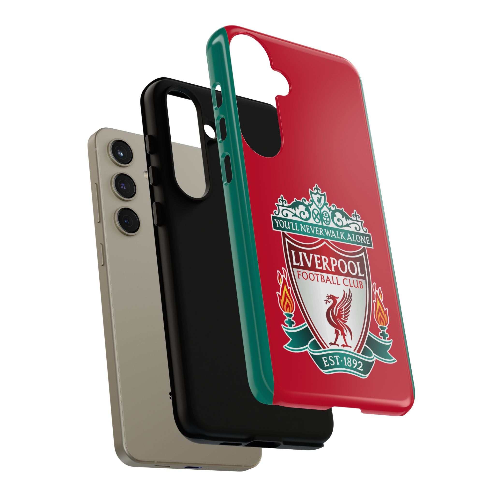 Liverpool FC magnetic shockproof Samsung Galaxy case in red with dual-layer protection and wireless charging compatibility
