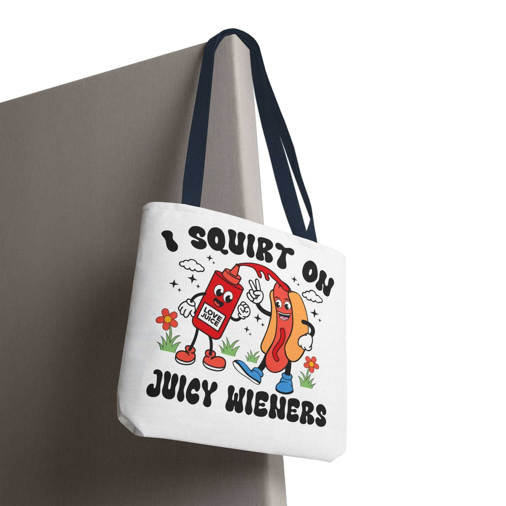 Juicy Wieners Fun Tote Bag with cheeky hot dog design and durable polyester fabric
