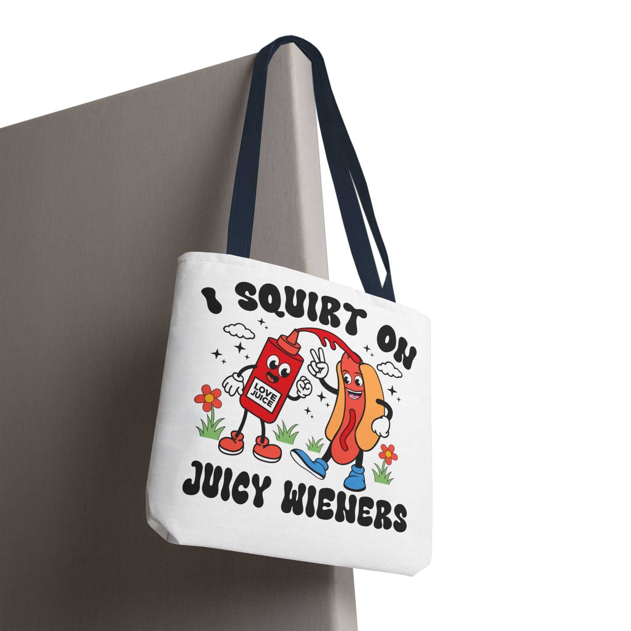 Juicy Wieners Fun Tote Bag with cheeky hot dog design and durable polyester fabric