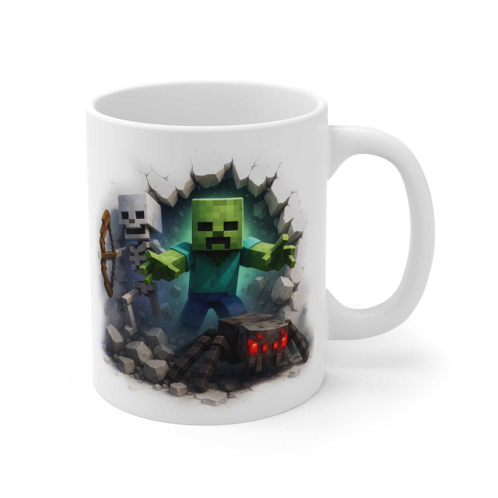 White ceramic Minecraft Creeper inspired mug with pixelated creeper, skeleton, and spider characters breaking through a cracked wall design