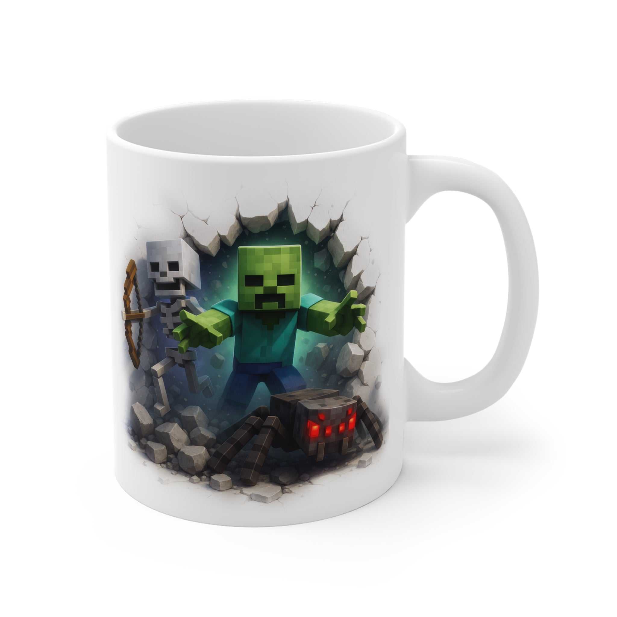 White ceramic Minecraft Creeper inspired mug with pixelated creeper, skeleton, and spider characters breaking through a cracked wall design