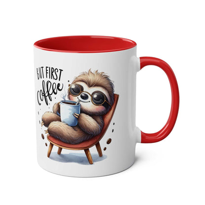 Cute sloth coffee mug with red handle, featuring a whimsical sloth design.