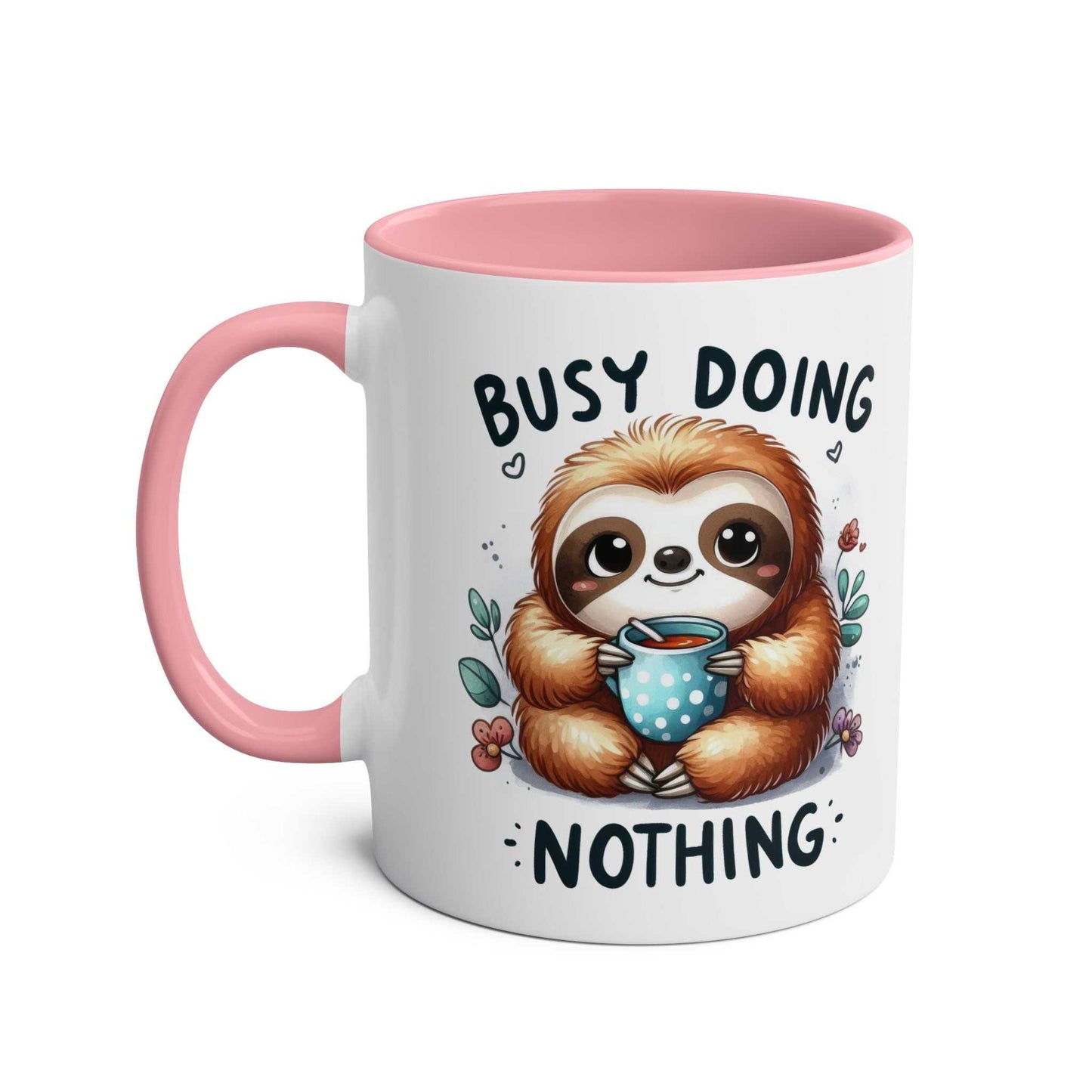 Cute sloth coffee mug with illustration, pink handle, and "Busy Doing Nothing" text.