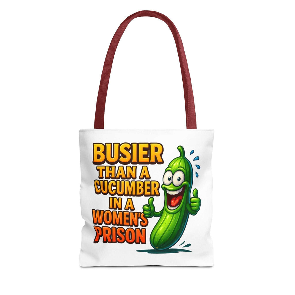 Busier Than a Cucumber Tote Bag with cheeky design, durable polyester, multiple sizes and handle colors, perfect for everyday use