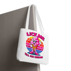 Lick Me Till Ice Cream Tote Bag with cheeky design and colorful handles for casual use
