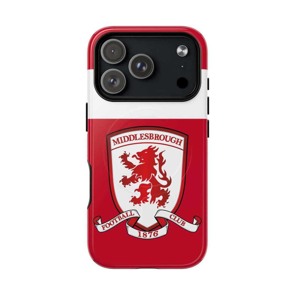 Middlesbrough MagSafe iPhone case with red club colors and crest, dual-layer protection, and wireless charging compatible