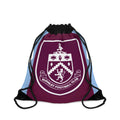 Burnley FC drawstring bag in claret and blue with club crest, lightweight polyester, spacious interior, and reinforced corners.