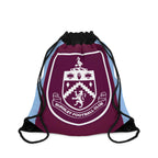Burnley FC drawstring bag in claret and blue with club crest, lightweight polyester, durable, spacious, perfect for gym, school, and travel.