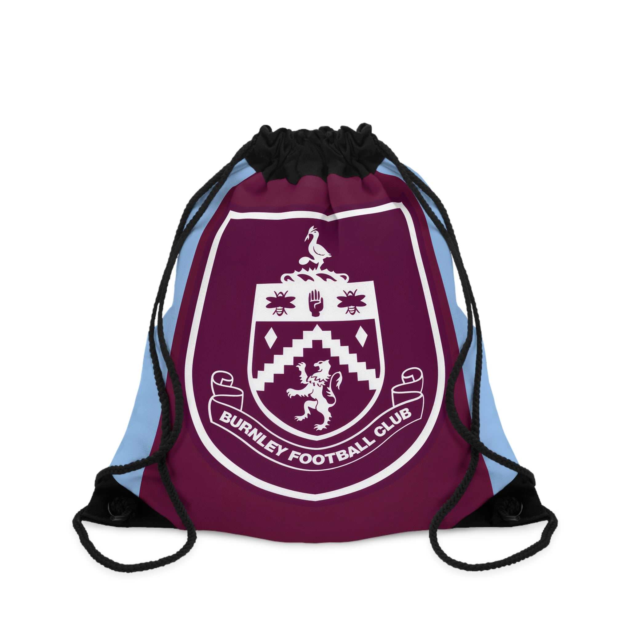 Burnley FC drawstring bag in claret and blue with club crest, lightweight polyester, durable, spacious, perfect for gym, school, and travel.