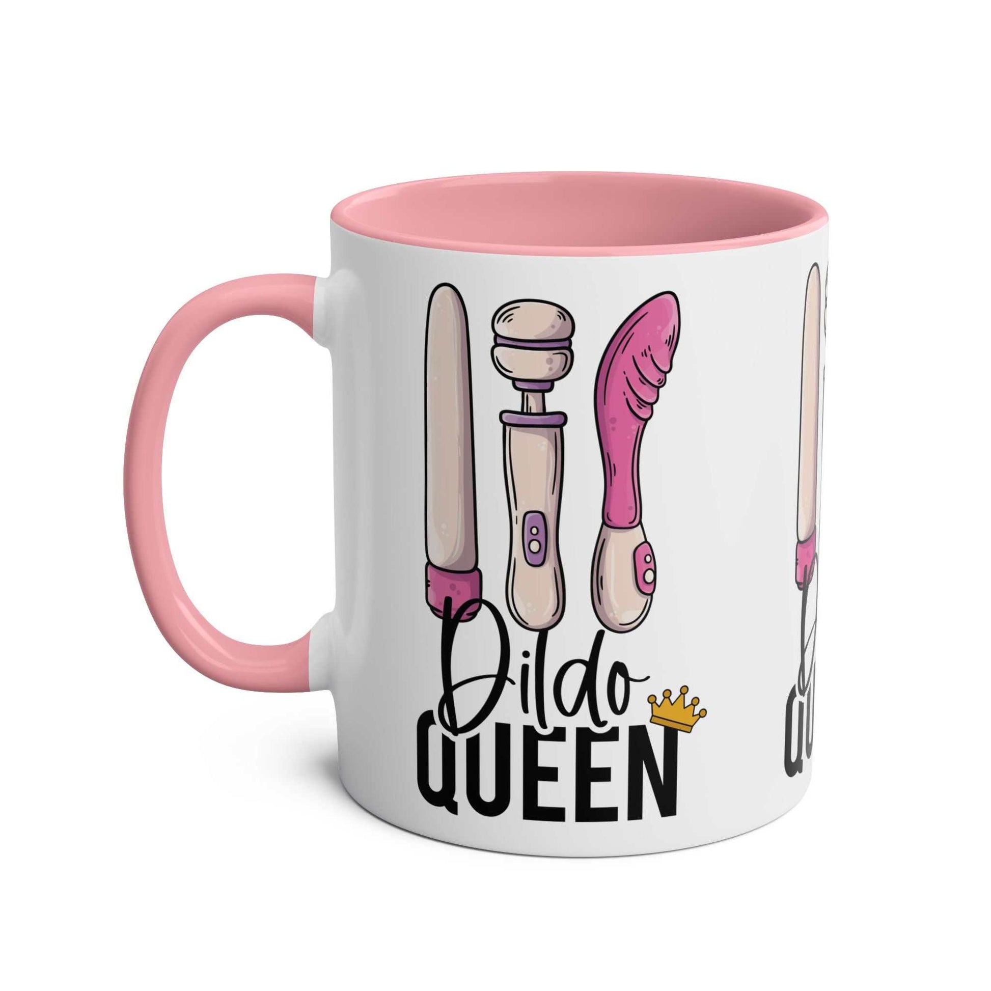 Cheeky Dildo Queen Coffee Mug with pink handle and bold graphics.