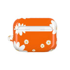 Orange daisies AirPods protective hard shell case with vibrant orange background and white daisy design
