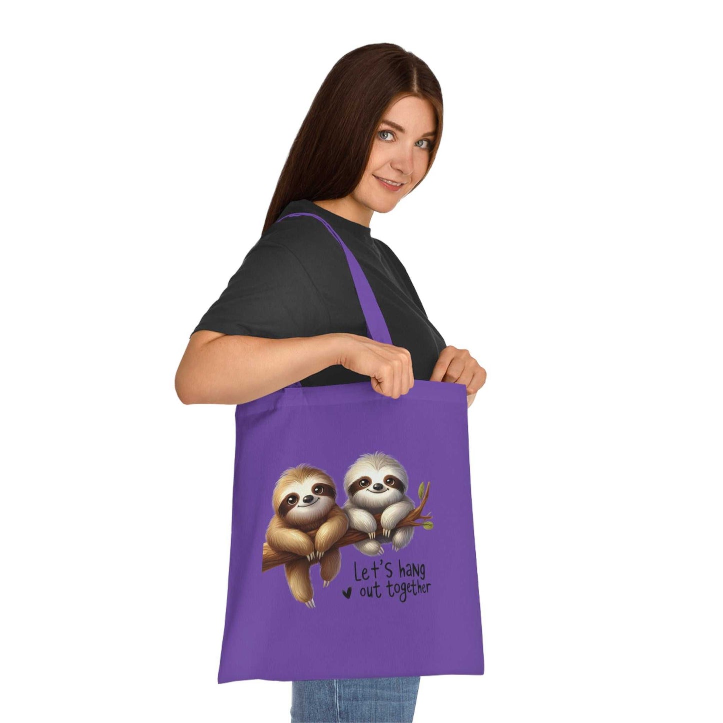 Cotton tote bag with cute sloth design, vibrant colors, ideal for sloth lovers.