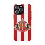 Sunderland FC MagSafe iPhone case with red and white stripes and team crest, durable dual-layer protection, MagSafe compatible.