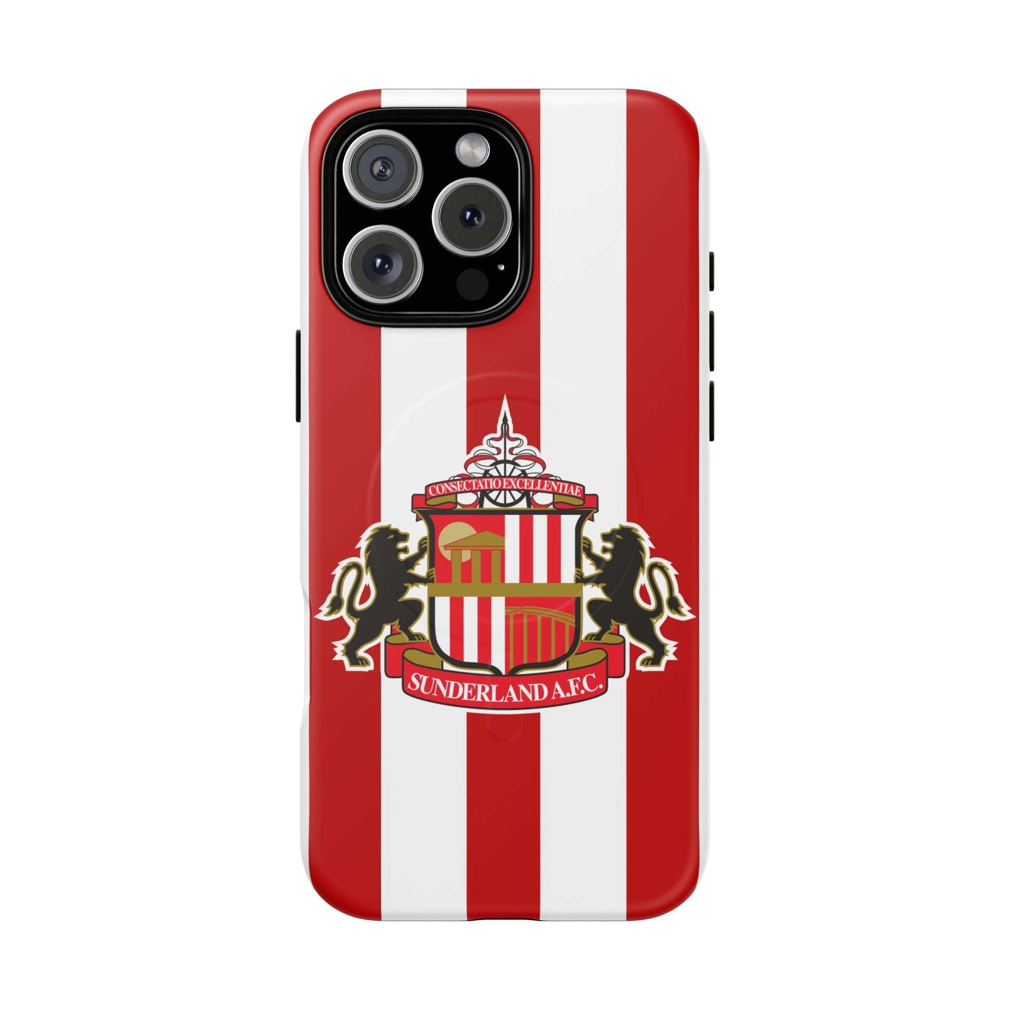 Sunderland FC MagSafe iPhone case with red and white stripes and team crest, durable dual-layer protection, MagSafe compatible.