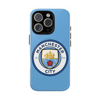 Manchester City MagSafe iPhone case with sky blue color and logo, dual layer protection, and MagSafe compatibility