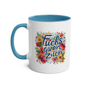 Zilch Coffee Mug with sarcastic "Fucks Given Zilch" text, 11oz ceramic, glossy finish, microwave and dishwasher safe.