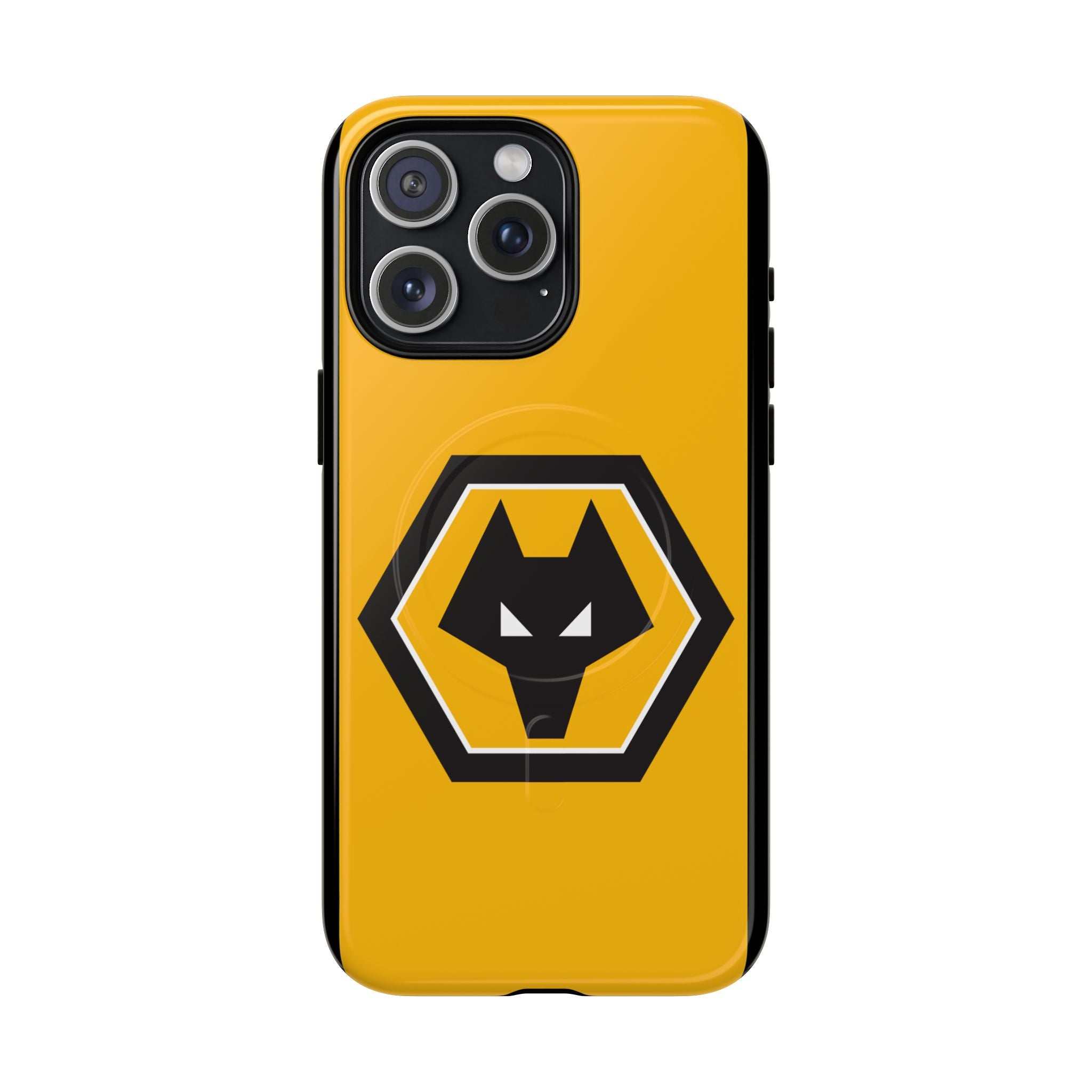 Wolves FC MagSafe iPhone case with gold black crest, dual-layer protection, MagSafe compatible, lightweight and durable