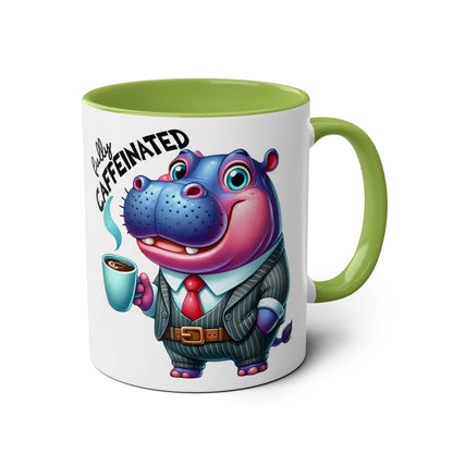Fun Sarcastic Coffee Mug with cartoon hippo design, green handle, and glossy finish.