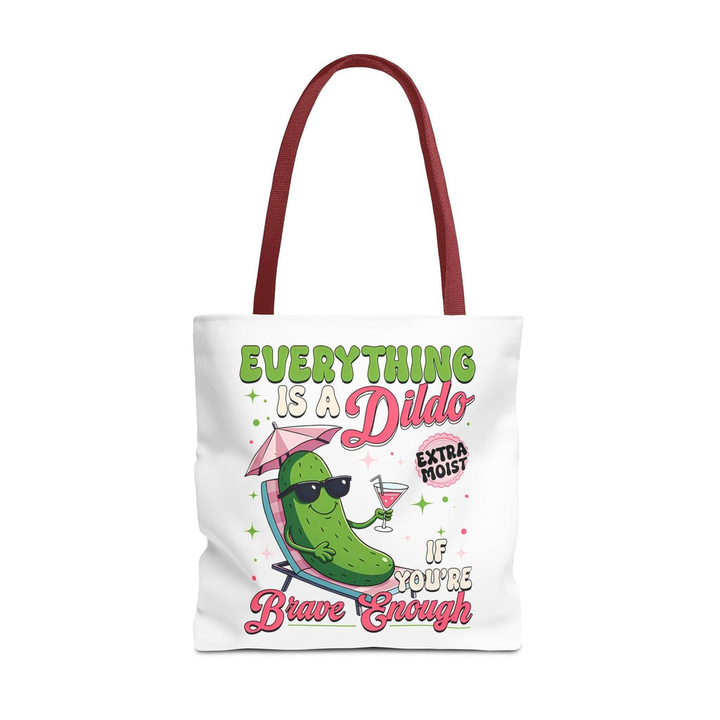 Cheeky Quote Pickle Tote Bag with fun printed design and colorful handles, made of durable spun polyester