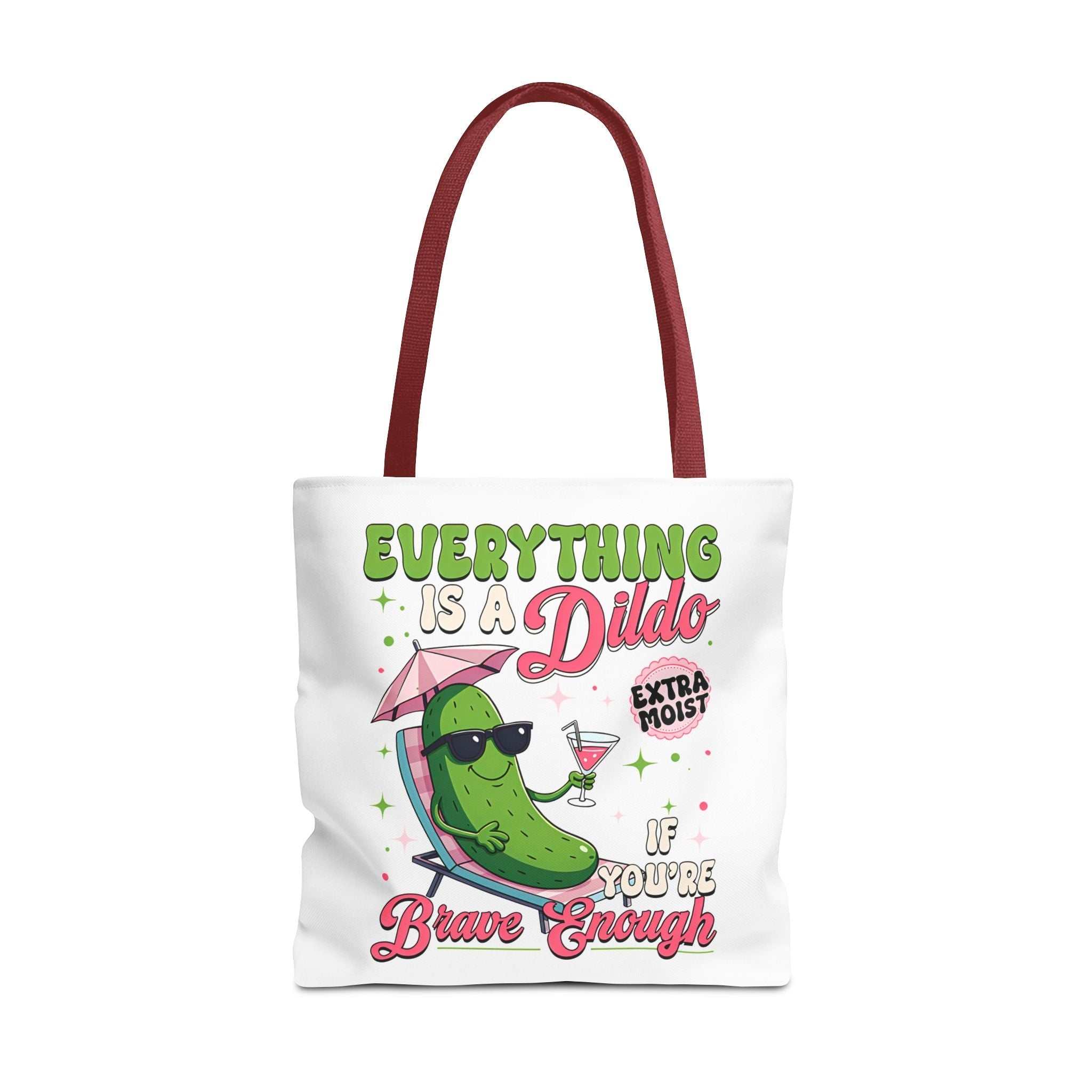Cheeky Quote Pickle Tote Bag with fun printed design and colorful handles, made of durable spun polyester