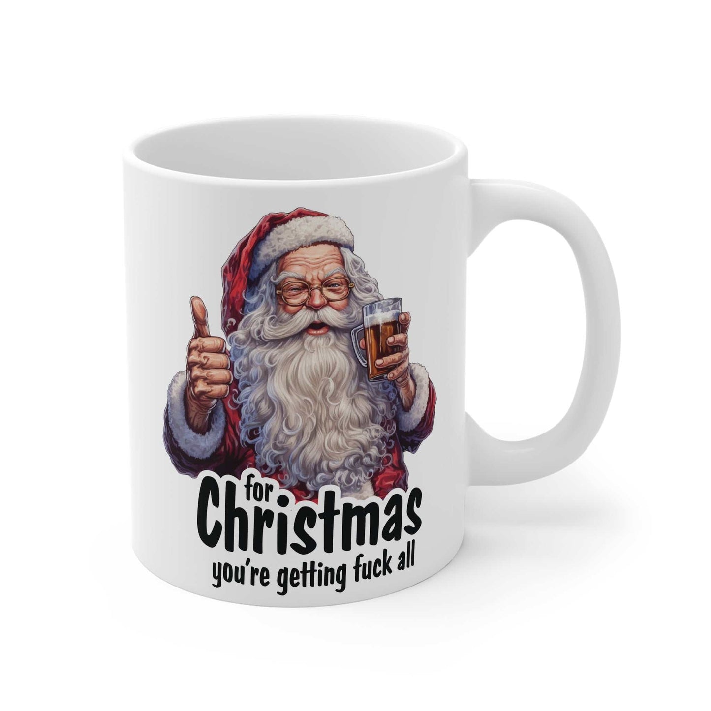 Rude Santa Christmas Mug with cheeky festive design, 11oz ceramic, glossy finish.