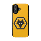 Wolves FC MagSafe iPhone case in gold and black with wolf crest, dual layer protection, MagSafe compatible