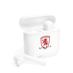 White wireless earbuds with charging case featuring Middlesborough FC fan-inspired crest design