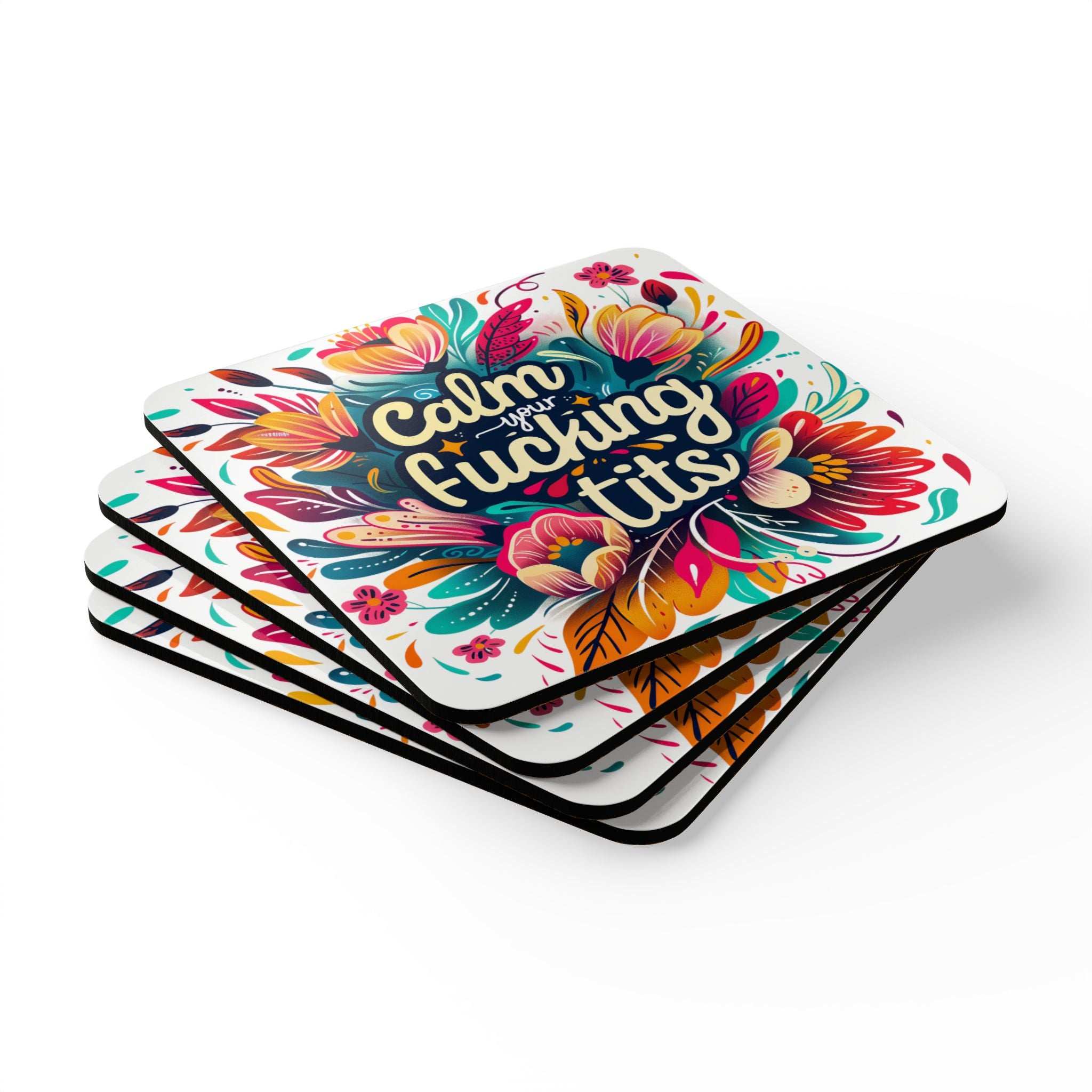 Colorful "Calm Your Fucking Tits" coaster set with floral design, playful decor piece.