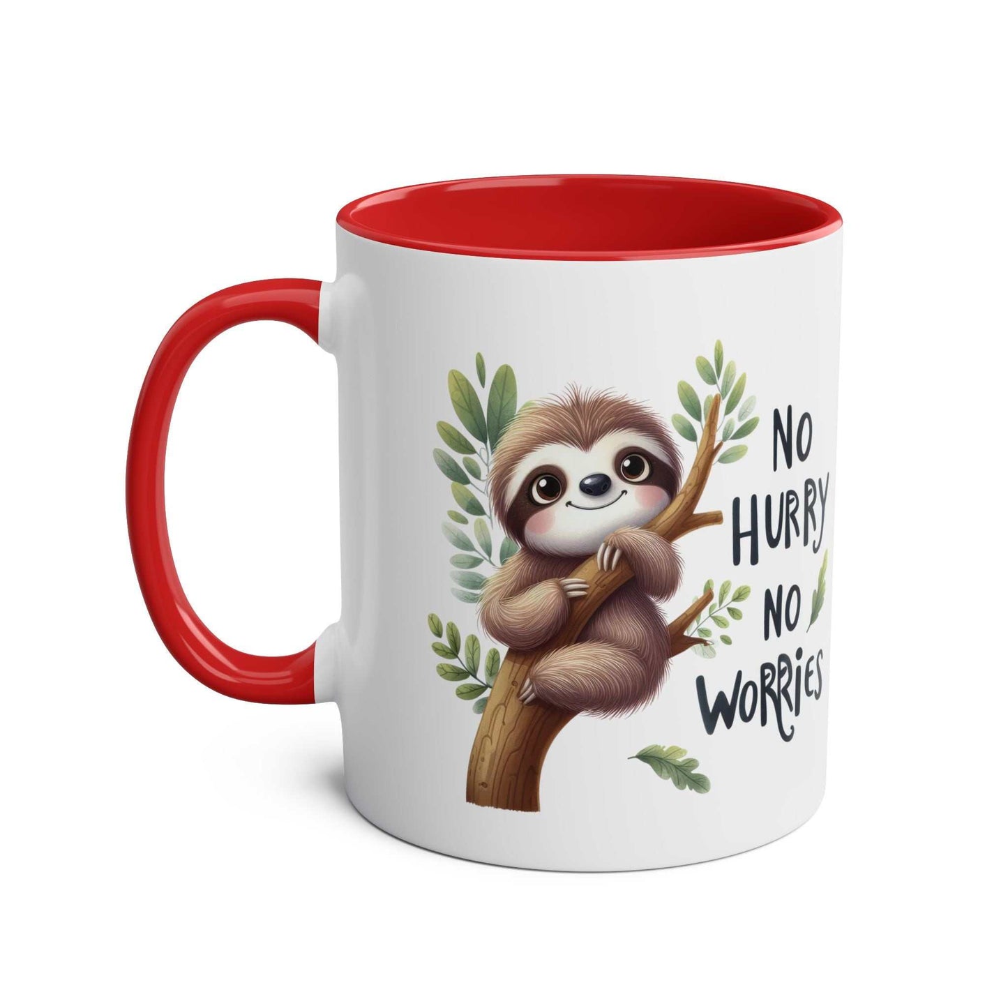 Cute sloth coffee mug with red handle and cheerful design.