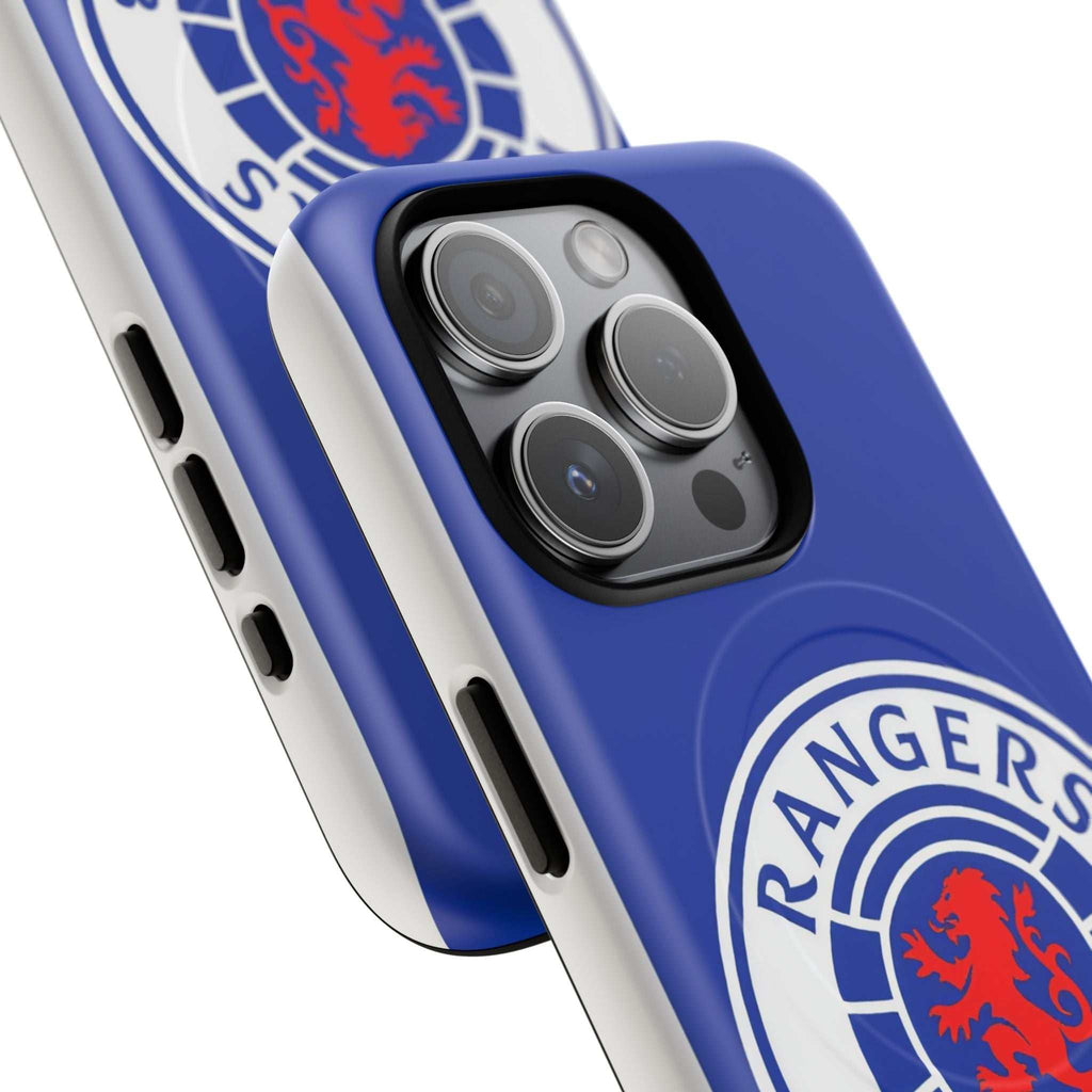 Rangers FC MagSafe iPhone Case with royal blue colors and club crest, dual-layer protection, and wireless charging compatibility