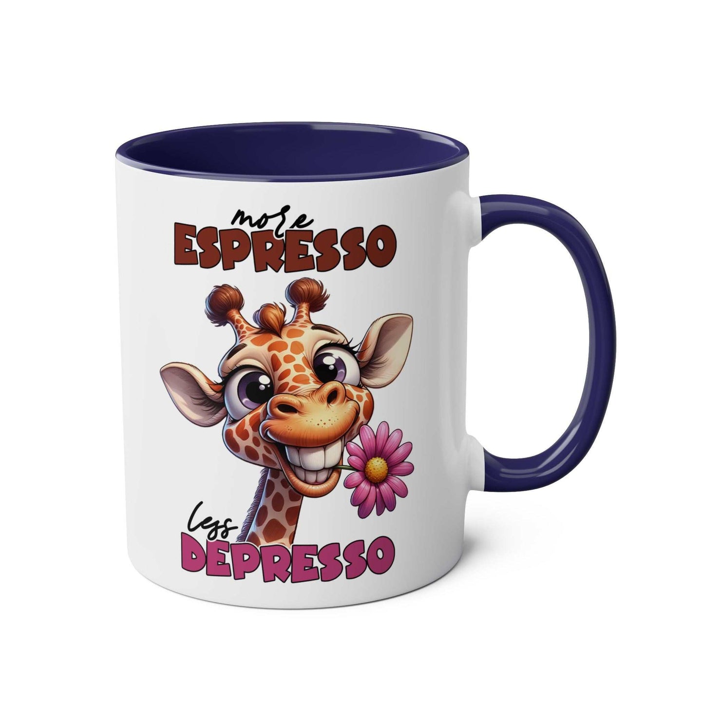 More Expresso Coffee Mug with giraffe design and "More Espresso Less Depresso" text.