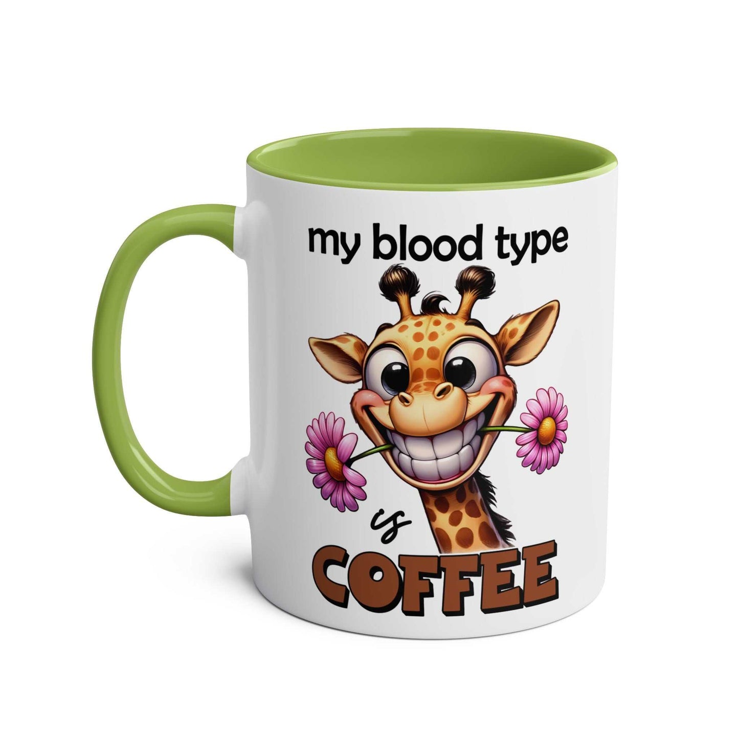 Funny giraffe design mug with 'My Blood Type is Coffee' text.