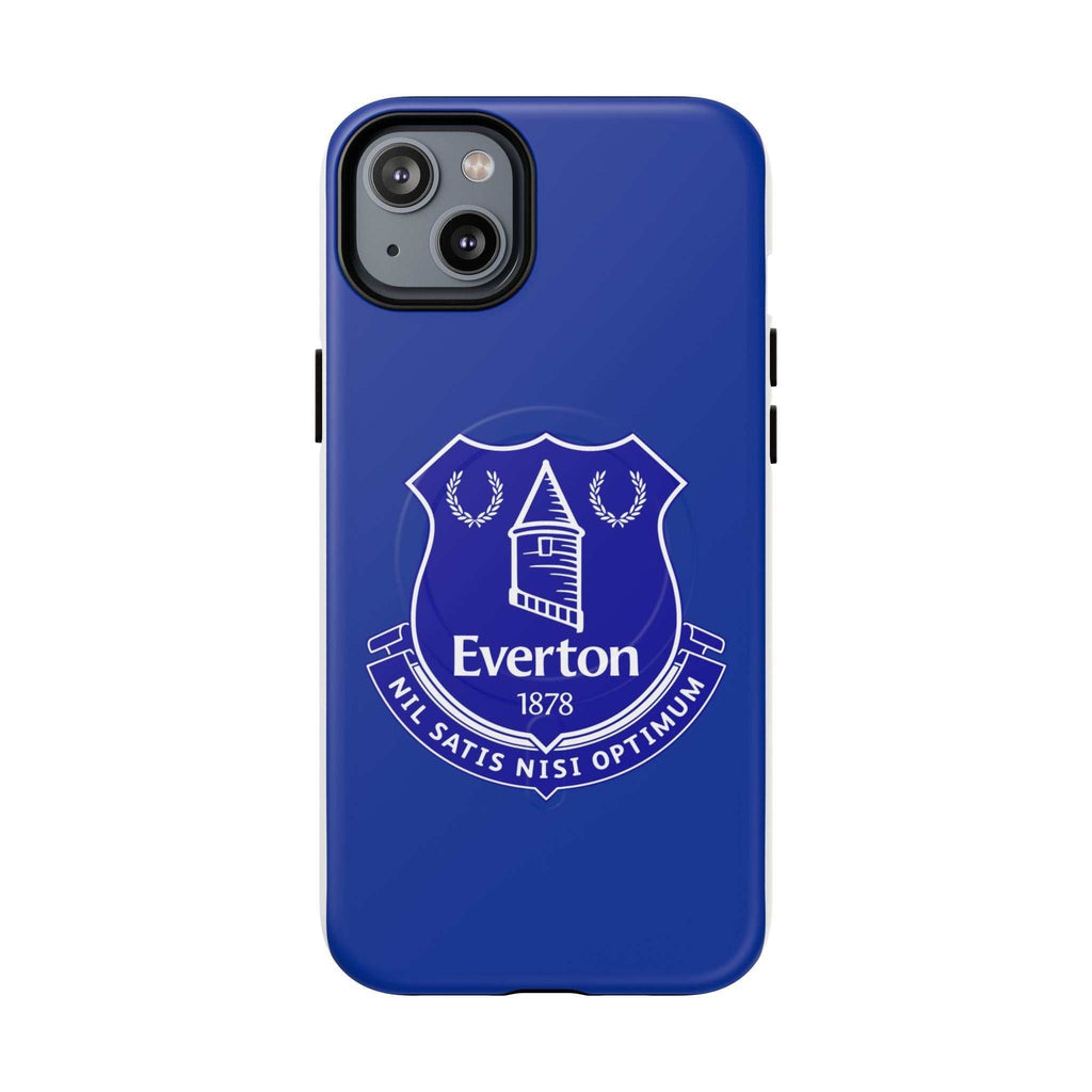 Everton FC MagSafe iPhone case in royal blue with club crest, dual-layer shock protection, and MagSafe compatibility
