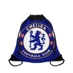 Chelsea FC drawstring bag in blue and white with lion crest, lightweight polyester, spacious, durable, ideal for sports and travel
